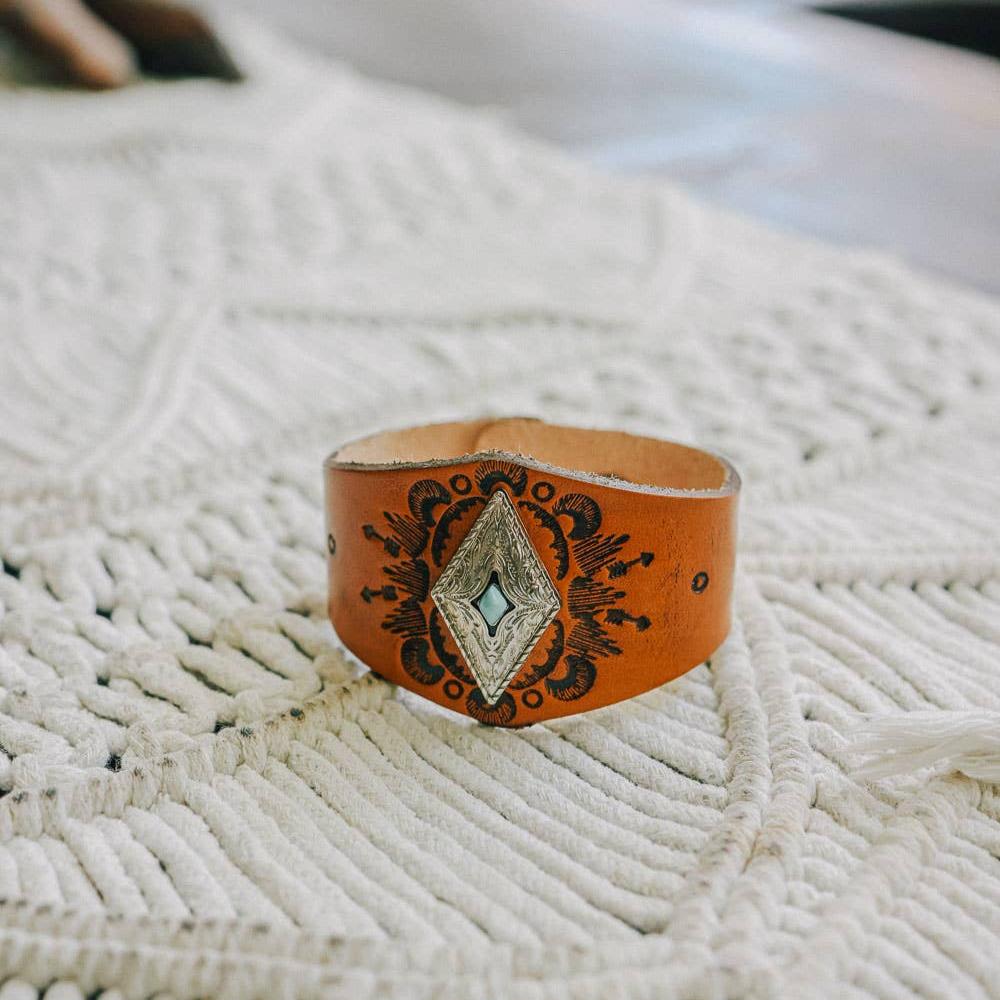 Handcrafted Diamond Piece Leather Cuff Bracelet | Boho Chic Fashion Jewelry | Snap Closure One - size