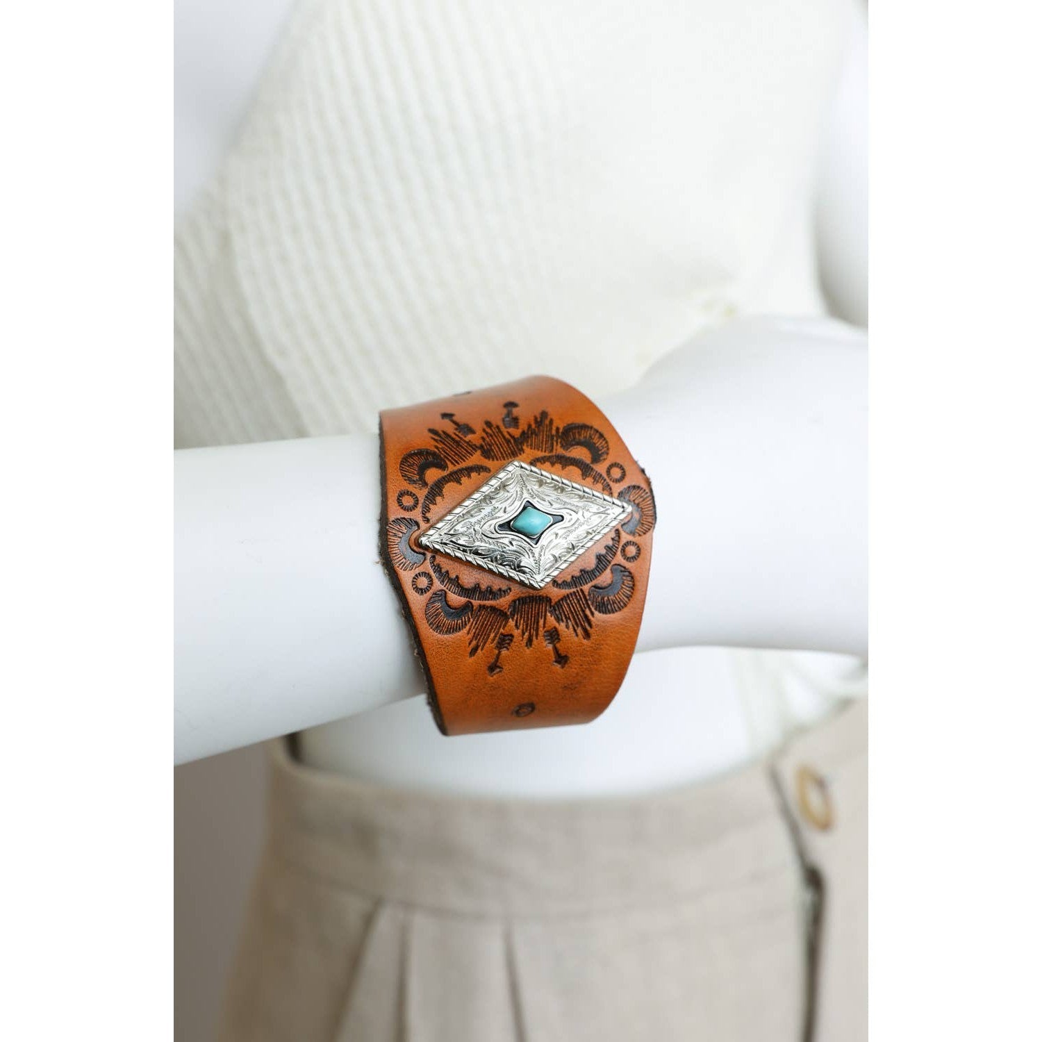 Handcrafted Diamond Piece Leather Cuff Bracelet | Boho Chic Fashion Jewelry | Snap Closure One - size