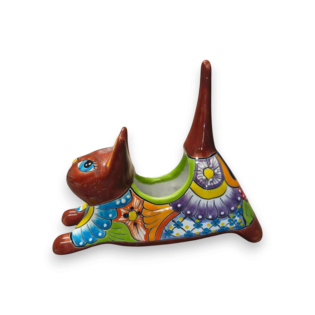 Talavera Cat Planter | Colorful Handcrafted Stretching Animal Pot
