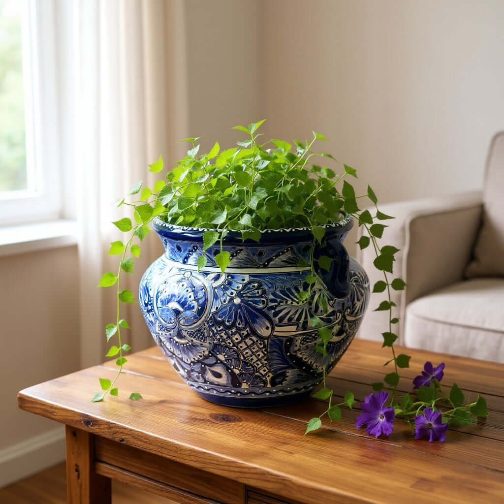 Handcrafted Talavera Planter | Blue & White Flower Pot Talavera Flower Pot La Vie Bien Handcrafted Talavera Planter | Blue & White Flower Pot