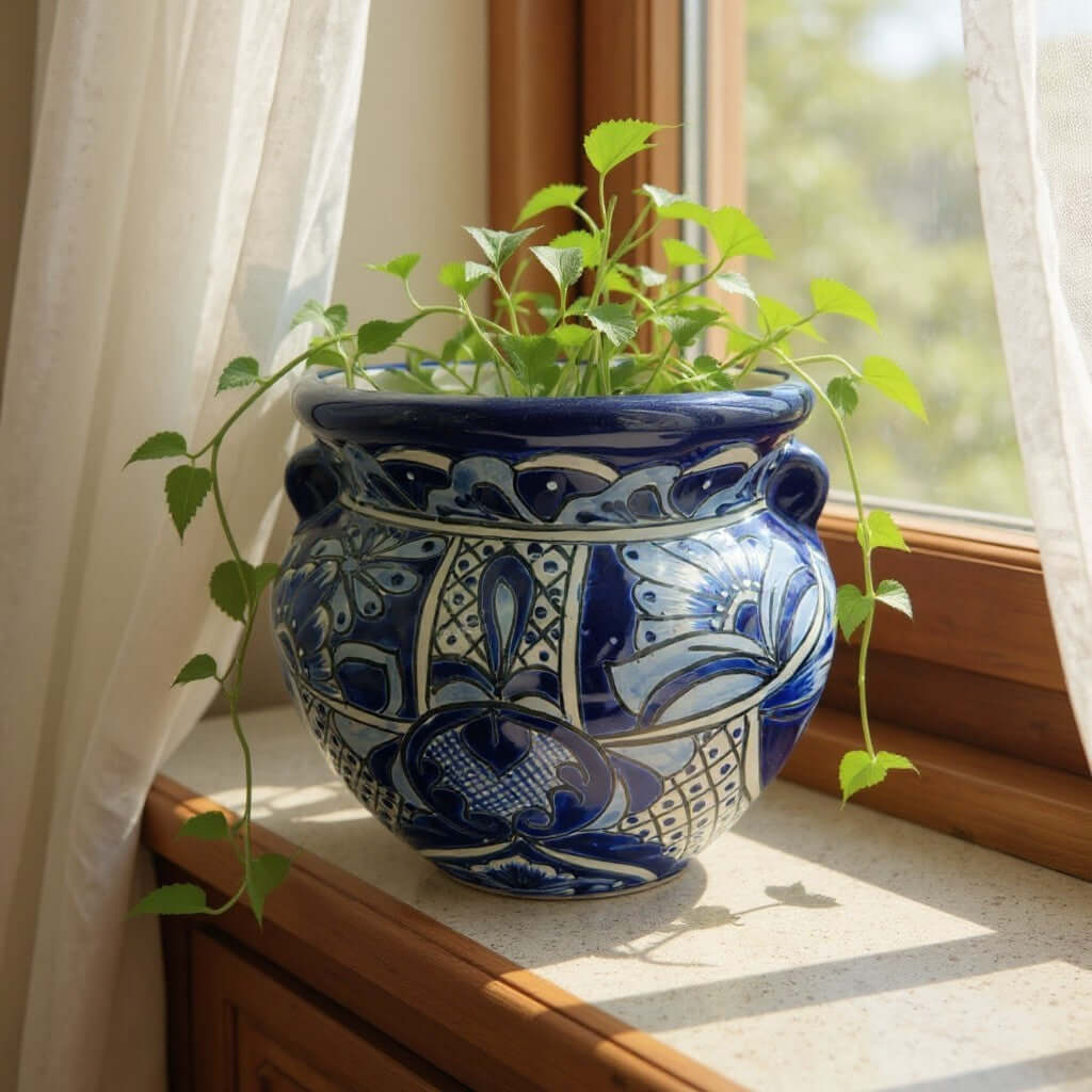 Handcrafted Talavera Planter | Blue & White Flower Pot Talavera Flower Pot La Vie Bien Handcrafted Talavera Planter | Blue & White Flower Pot
