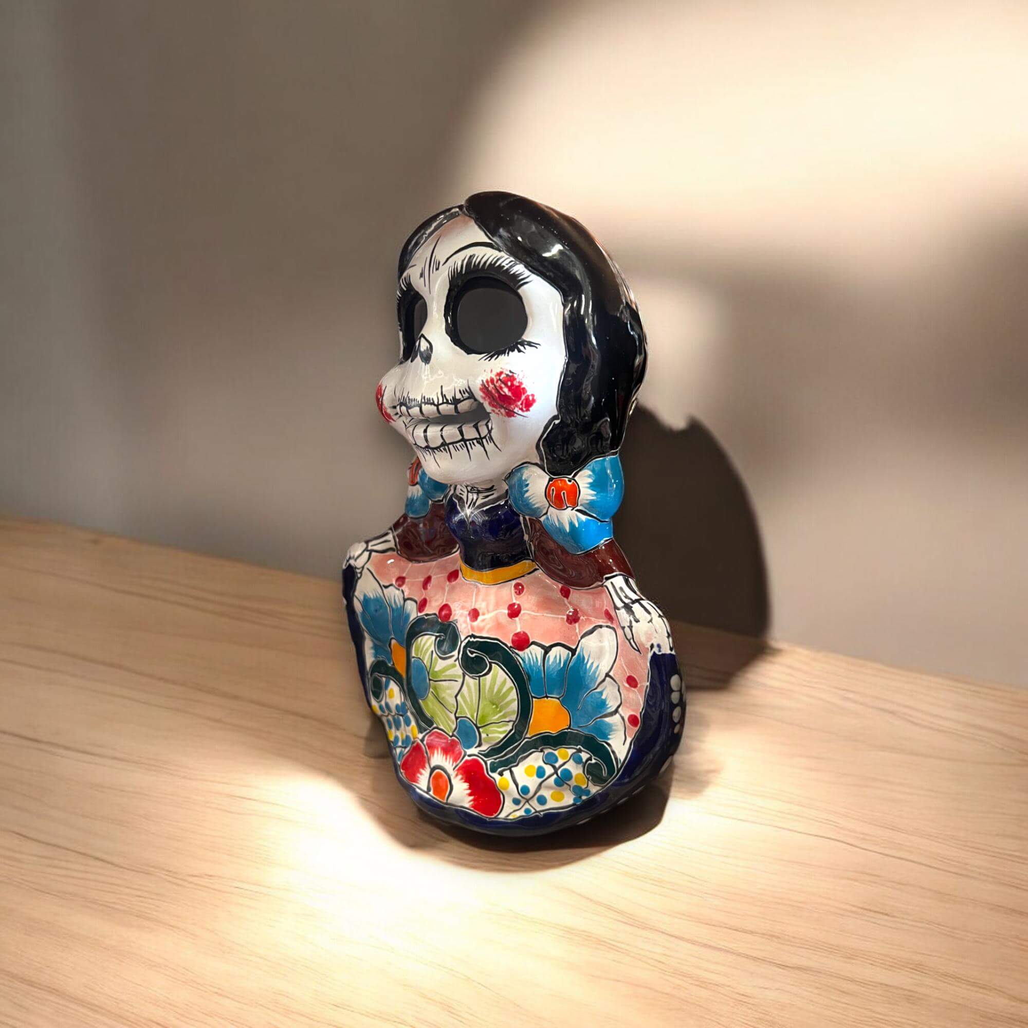 Vibrant Talavera Skeleton Woman Statue | Handcrafted Day of the Dead Decor