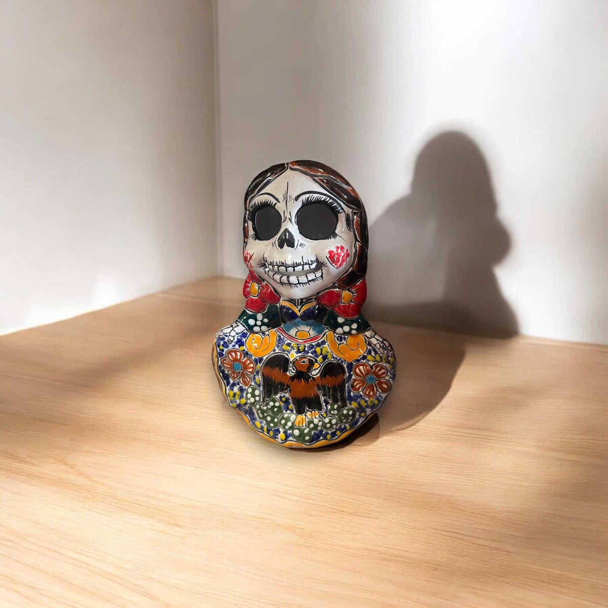 Vibrant Talavera Skeleton Woman Statue | Handcrafted Day of the Dead Decor