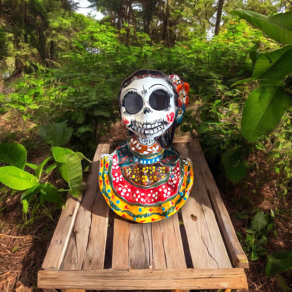 Vibrant Talavera Skeleton Woman Statue | Handcrafted Day of the Dead Decor