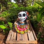 Vibrant Talavera Skeleton Woman Statue | Handcrafted Day of the Dead Decor