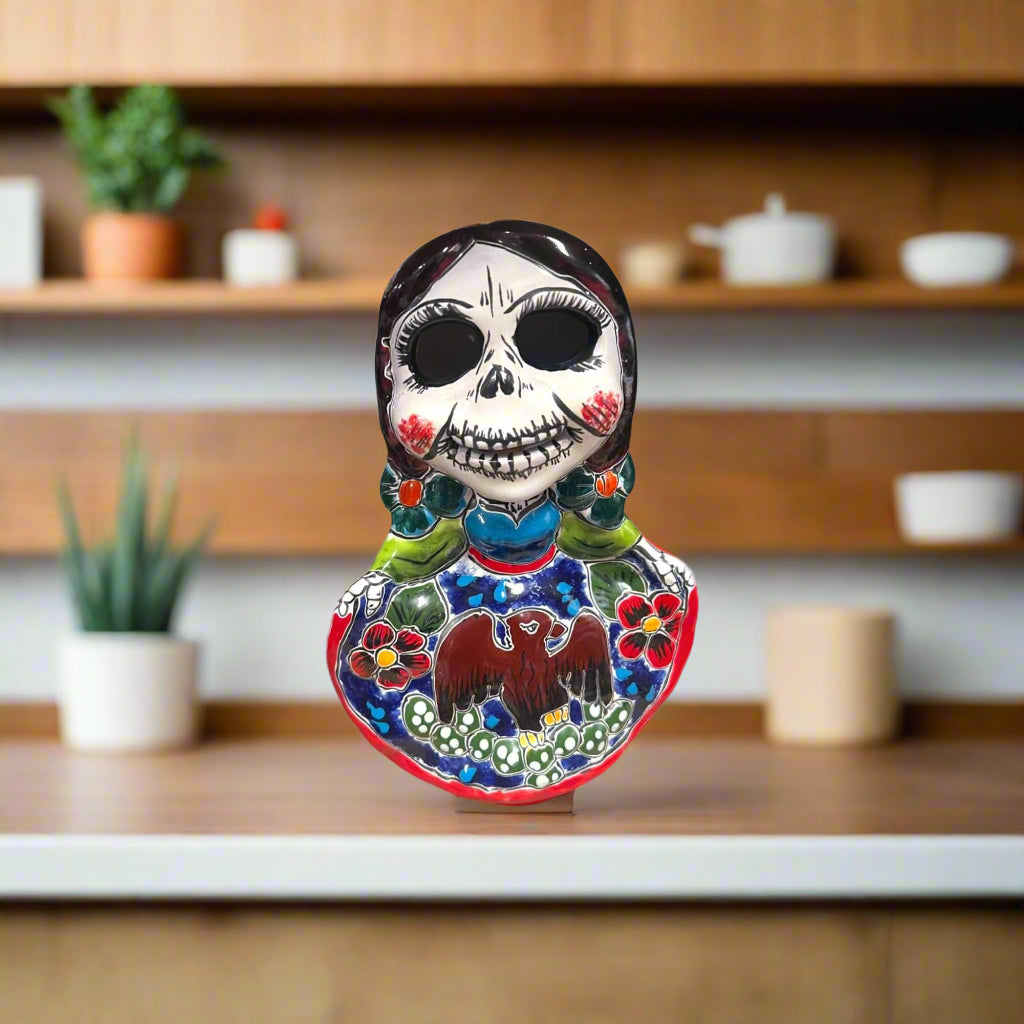Vibrant Talavera Skeleton Woman Statue | Handcrafted Day of the Dead Decor