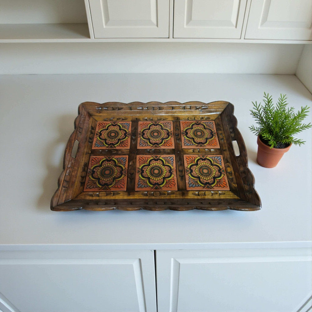 Handcrafted Talavera Tile Serving Tray | Mexican Wooden Tray Mexican Serving Tray La Vie Bien Handcrafted Talavera Tile Serving Tray | Mexican Wooden Tray