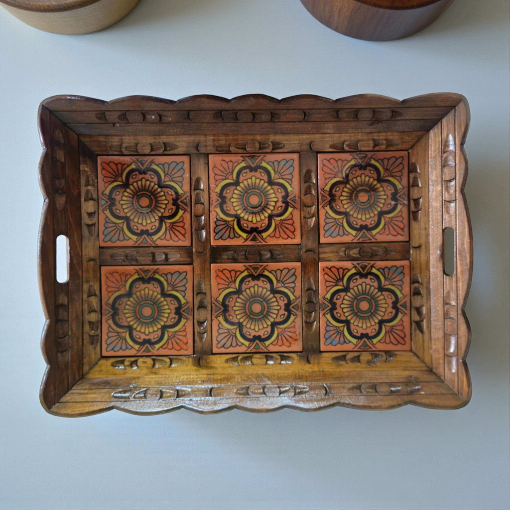 Handcrafted Talavera Tile Serving Tray | Mexican Wooden Tray Mexican Serving Tray La Vie Bien Handcrafted Talavera Tile Serving Tray | Mexican Wooden Tray