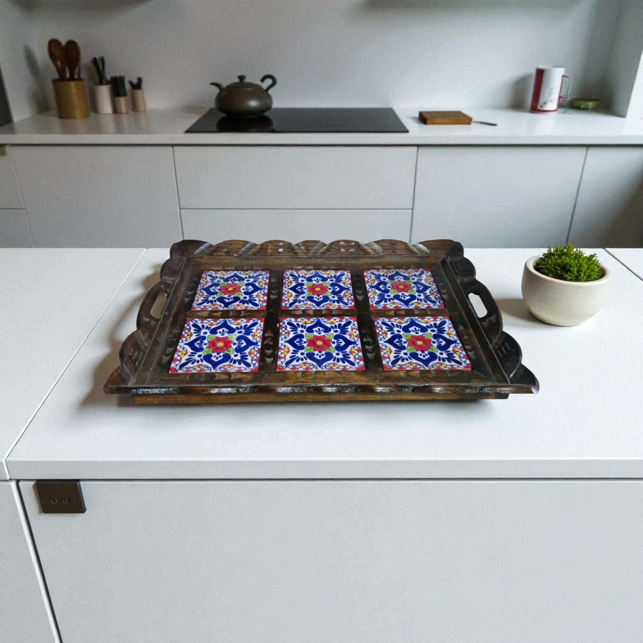 Handcrafted Talavera Tile Serving Tray | Mexican Wooden Tray Mexican Serving Tray La Vie Bien Handcrafted Talavera Tile Serving Tray | Mexican Wooden Tray