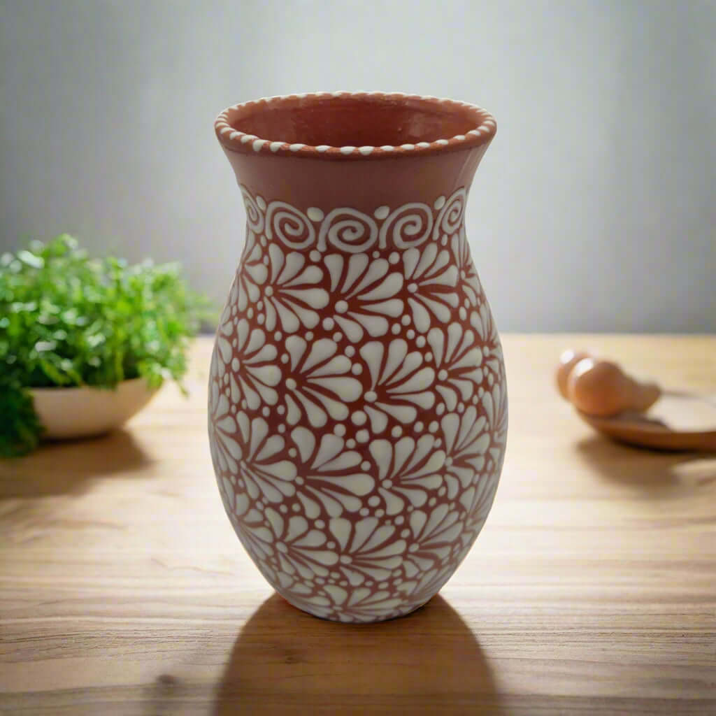 Handcrafted Talavera Vase | Brown & White Relief Pottery Talavera Planter La Vie Bien Handcrafted Talavera Vase | Brown & White Relief Pottery