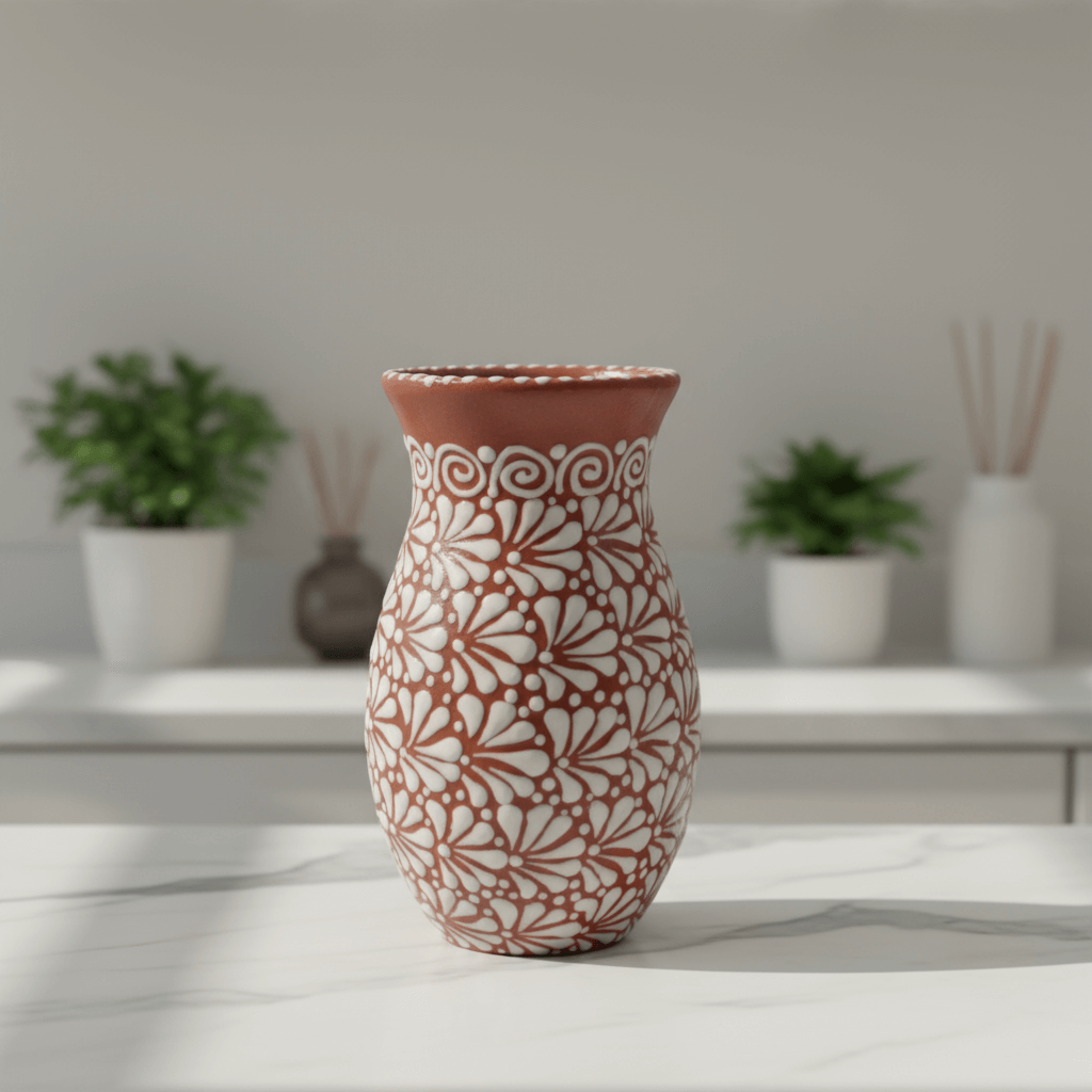 Handcrafted Talavera Vase | Brown & White Relief Pottery Talavera Planter La Vie Bien Handcrafted Talavera Vase | Brown & White Relief Pottery
