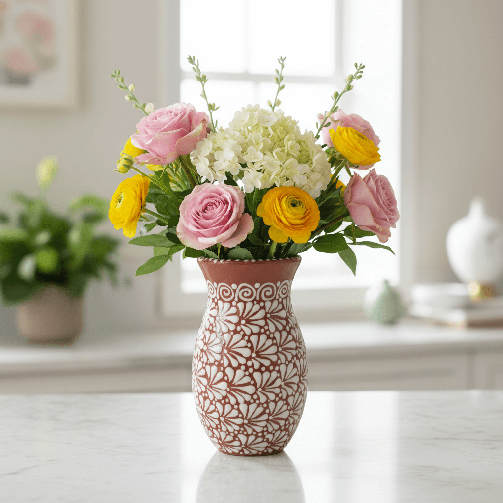 Handcrafted Talavera Vase | Brown & White Relief Pottery Talavera Planter La Vie Bien Handcrafted Talavera Vase | Brown & White Relief Pottery