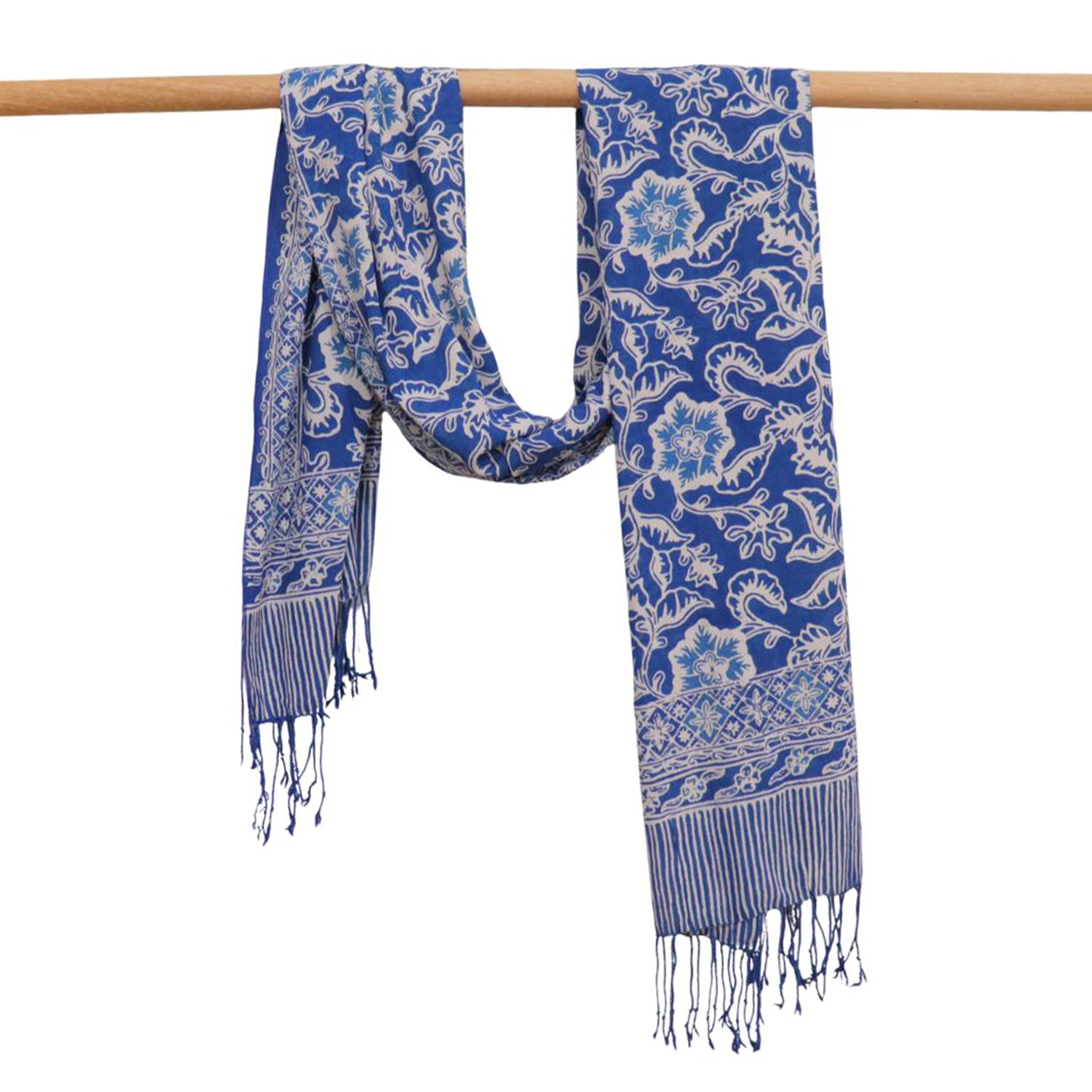 Handmade Batik Scarf, 100% Soft Cotton, Blue Tendril Scarves La Vie Bien Handmade Batik Scarf, 100% Soft Cotton, Blue Tendril