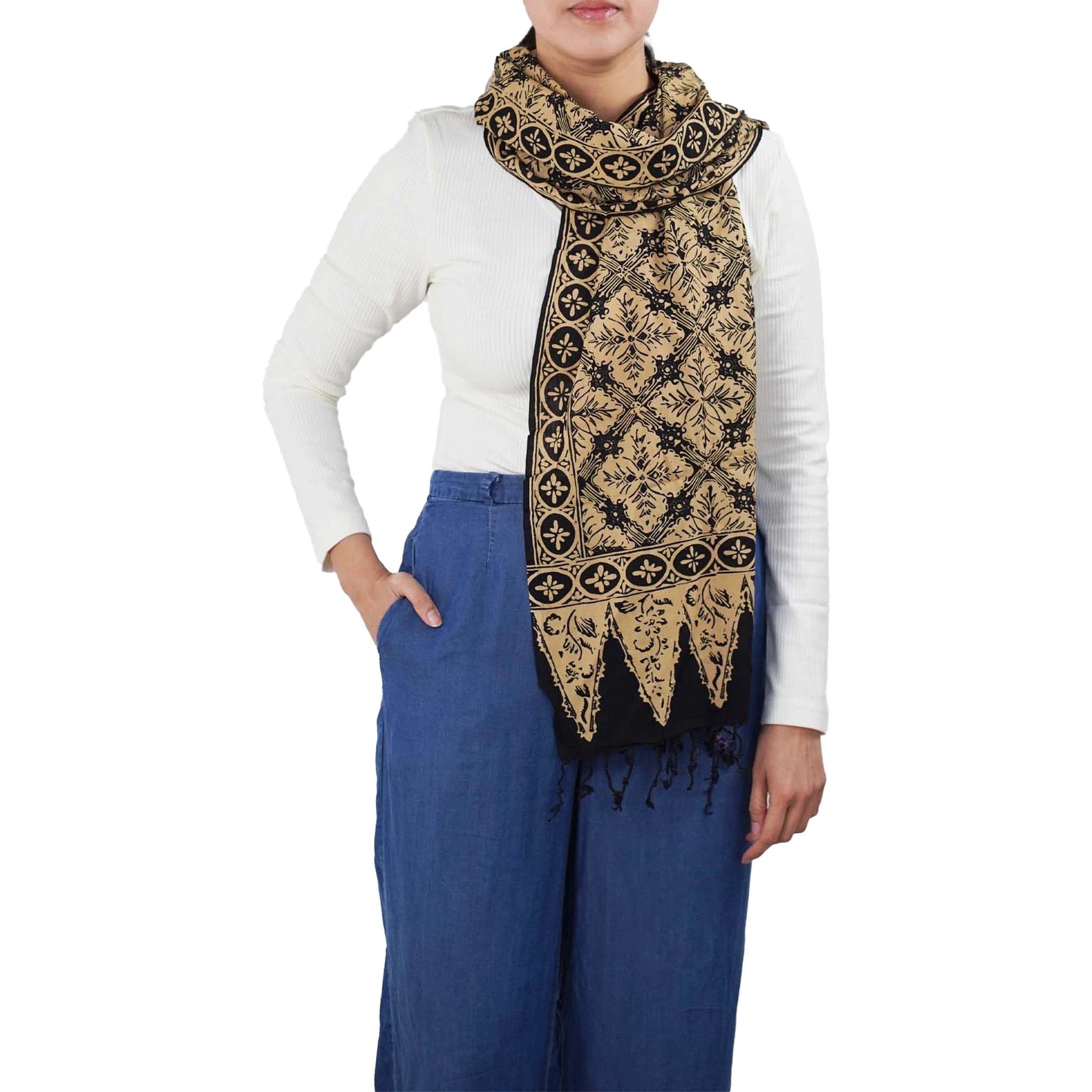 Handmade Batik Scarf, Black Brown Harvest, Hand Dyed, 100% Cotton by Kasih Co-op