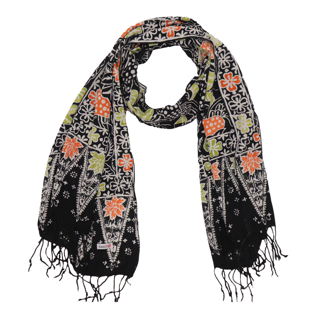 Handmade Batik Scarf Black, Orange, Green, Berries 100% Soft Cotton Dusk Petal Scarves La Vie Bien Handmade Batik Scarf Black, Orange, Green, Berries 100% Soft Cotton Dusk Petal