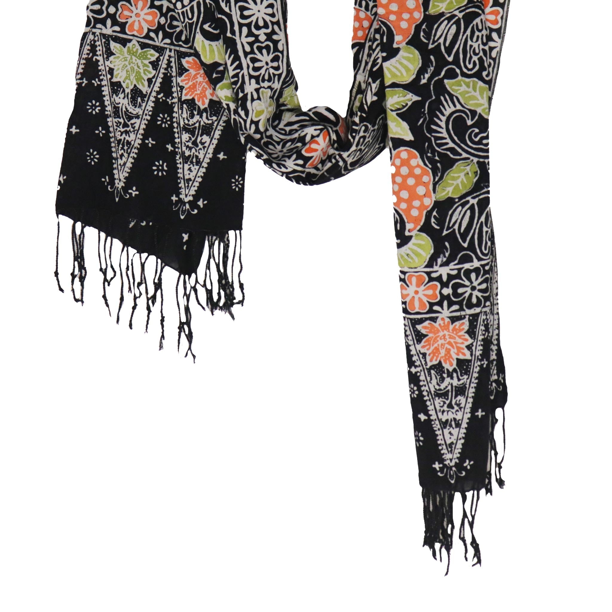 Handmade Batik Scarf Black, Orange, Green, Berries 100% Soft Cotton Dusk Petal Scarves La Vie Bien Handmade Batik Scarf Black, Orange, Green, Berries 100% Soft Cotton Dusk Petal