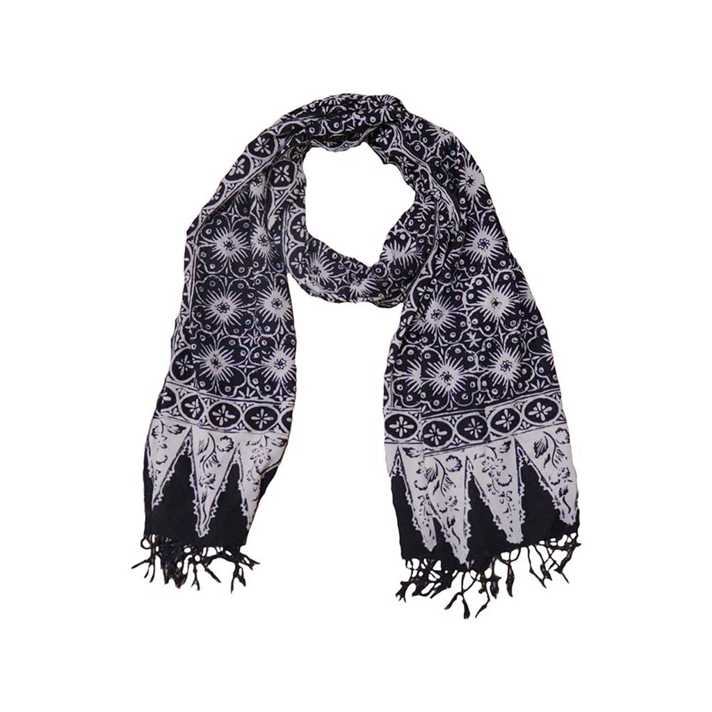 Handmade Batik Scarf - Cotton - Hibiscus Flower, Black, White Scarves La Vie Bien Handmade Batik Scarf - Cotton - Hibiscus Flower, Black, White