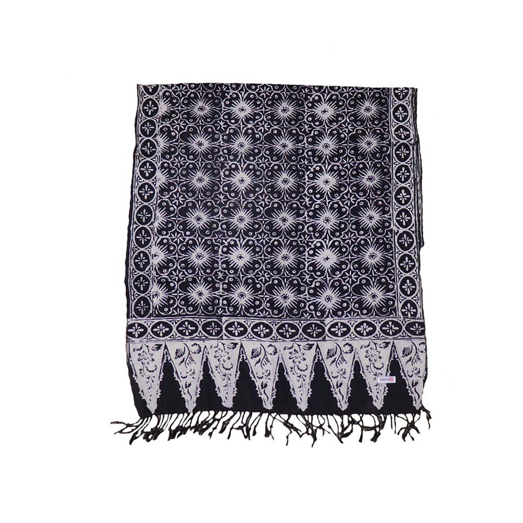 Handmade Batik Scarf - Cotton - Hibiscus Flower, Black, White Scarves La Vie Bien Handmade Batik Scarf - Cotton - Hibiscus Flower, Black, White