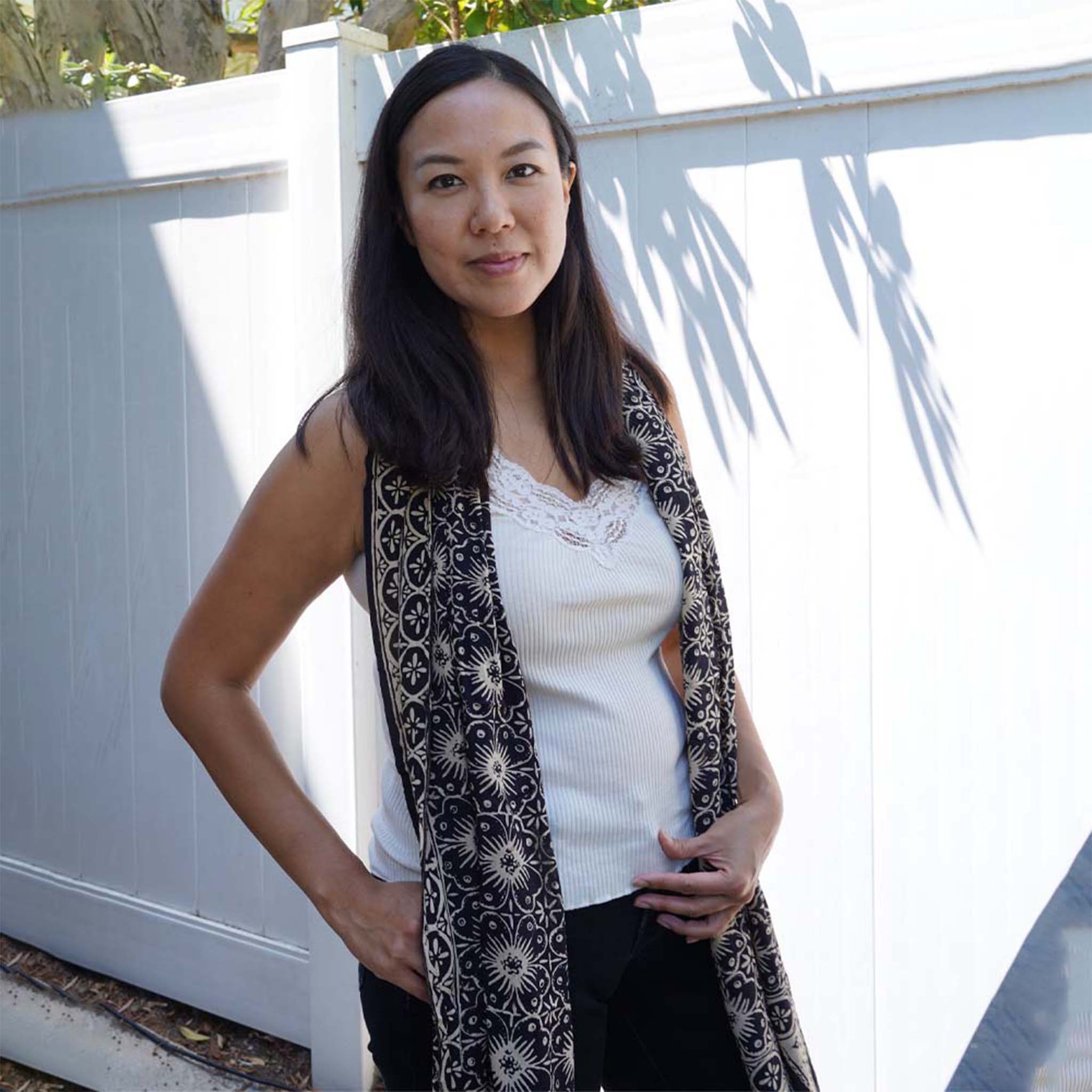 Handmade Batik Scarf - Cotton - Hibiscus Flower, Black, White Scarves La Vie Bien Handmade Batik Scarf - Cotton - Hibiscus Flower, Black, White