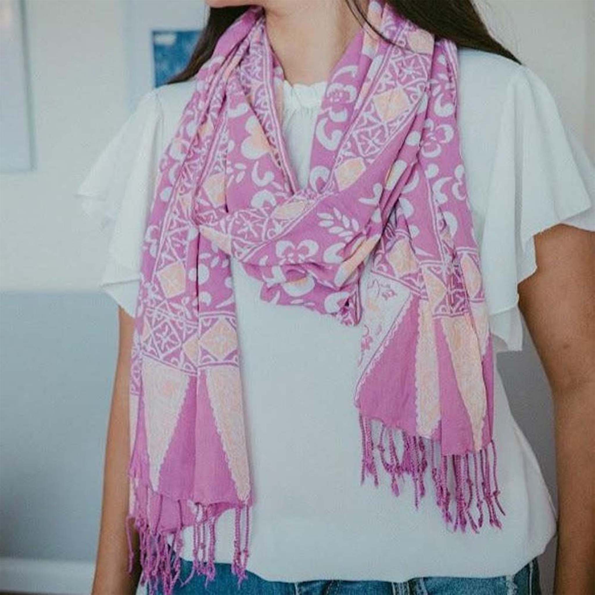 Handmade Batik Scarf, Cotton, Plumeria, Pink, Purple, Peach Scarves La Vie Bien Handmade Batik Scarf, Cotton, Plumeria, Pink, Purple, Peach