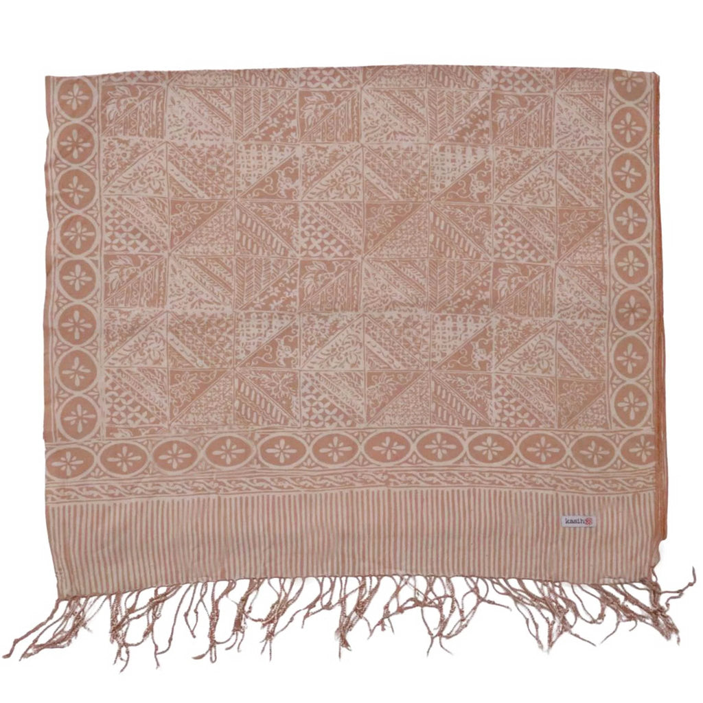 Handmade Batik Scarf - soft Cotton - Apricot Grid, Peach, Coral by Kasih Co-op