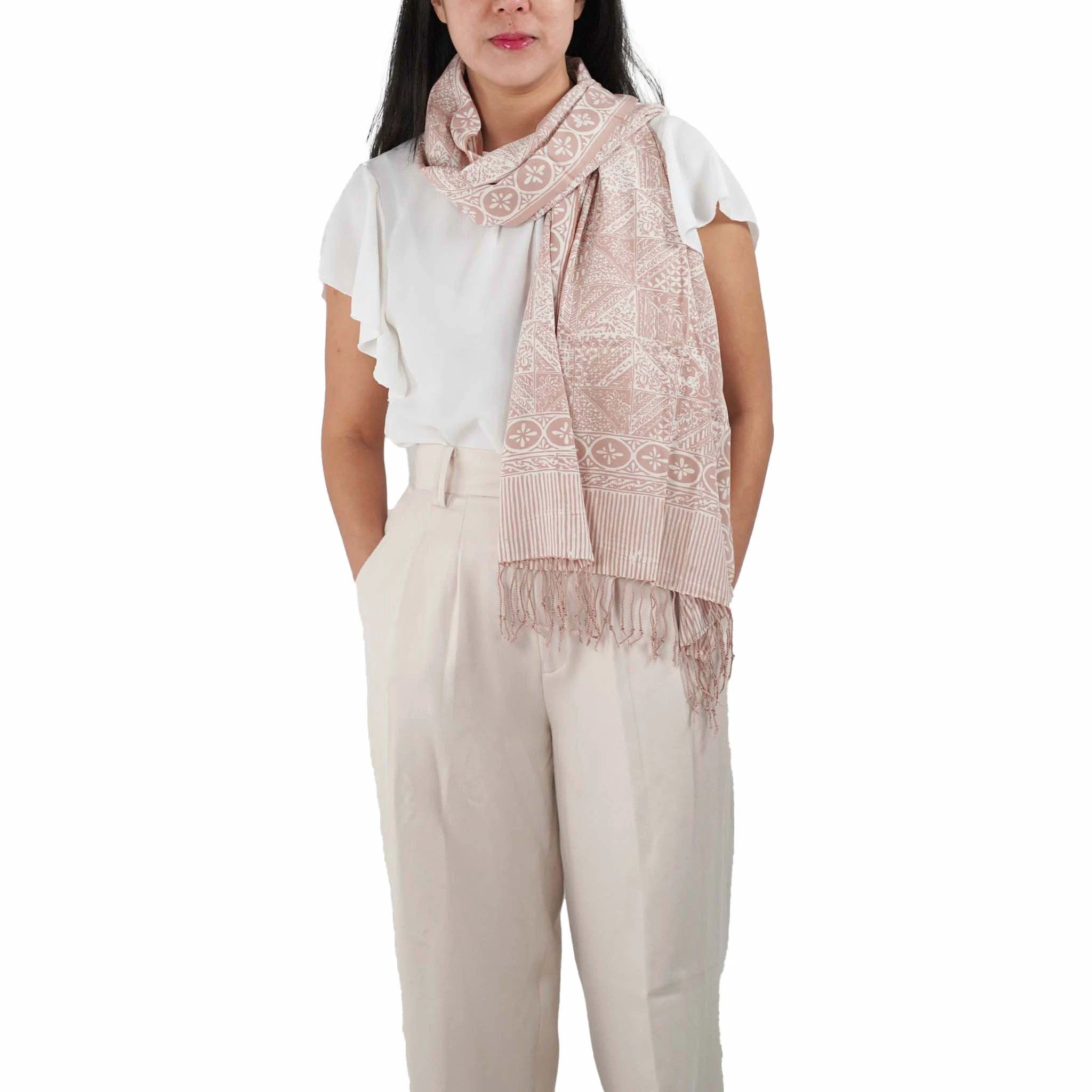 Handmade Batik Scarf - soft Cotton - Apricot Grid, Peach, Coral by Kasih Co-op