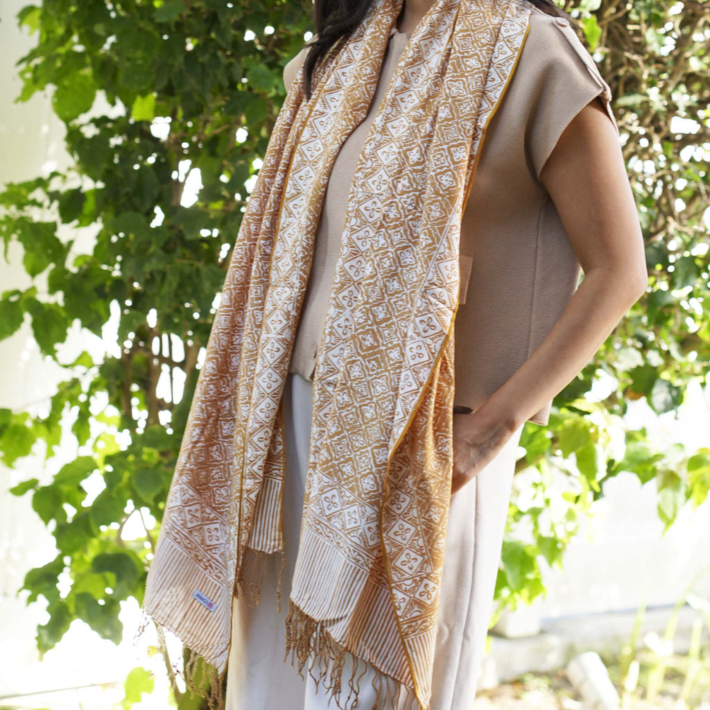 Handmade Batik Scarf, Soft Cotton, Frangipani, Kamboja, Yellow, Brown, Cream, Fall, Autumn Scarves La Vie Bien Handmade Batik Scarf, Soft Cotton, Frangipani, Kamboja, Yellow, Brown, Cream, Fall, Autumn