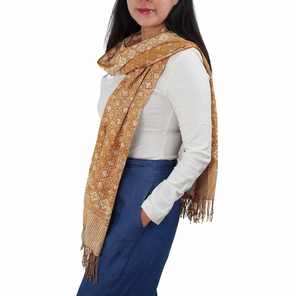 Handmade Batik Scarf, Soft Cotton, Frangipani, Kamboja, Yellow, Brown, Cream, Fall, Autumn Scarves La Vie Bien Handmade Batik Scarf, Soft Cotton, Frangipani, Kamboja, Yellow, Brown, Cream, Fall, Autumn
