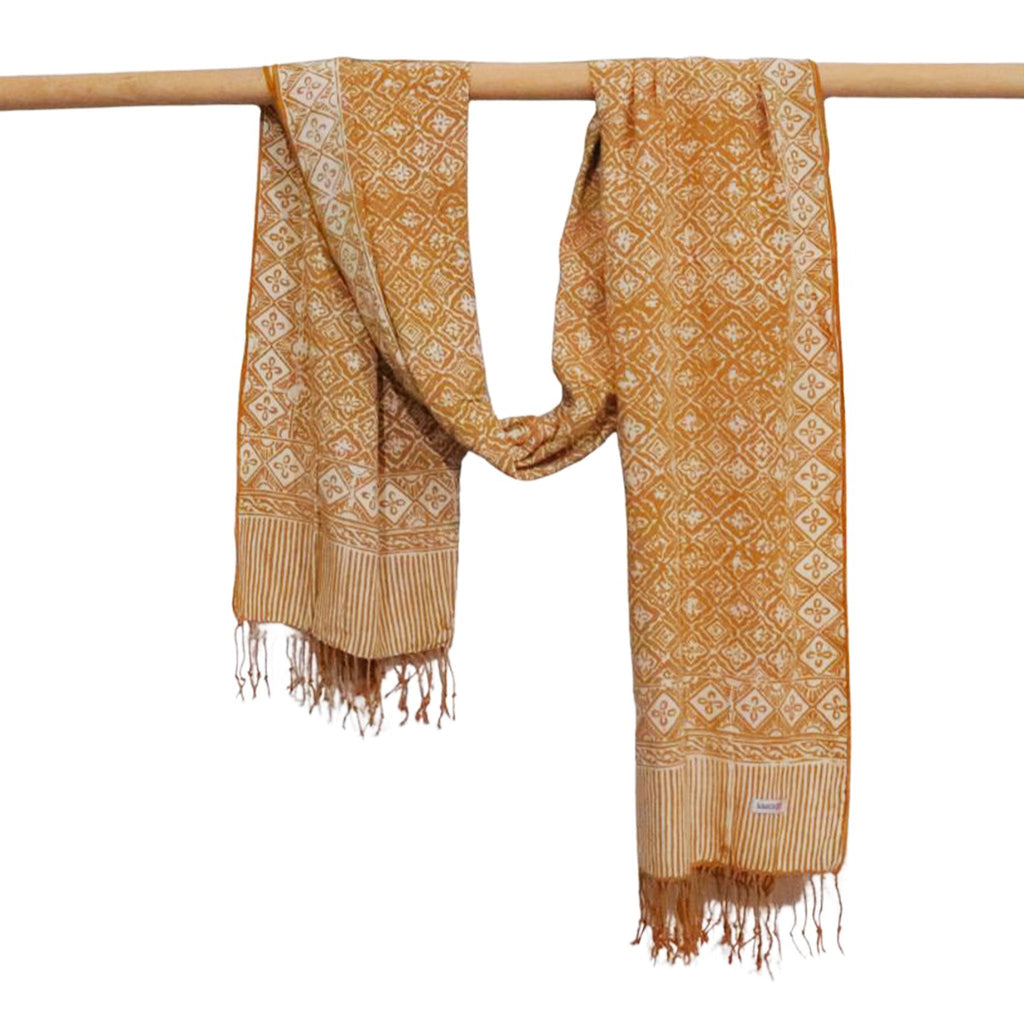Handmade Batik Scarf, Soft Cotton, Frangipani, Kamboja, Yellow, Brown, Cream, Fall, Autumn Scarves La Vie Bien Handmade Batik Scarf, Soft Cotton, Frangipani, Kamboja, Yellow, Brown, Cream, Fall, Autumn