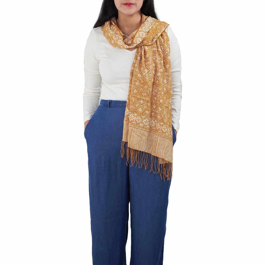 Handmade Batik Scarf, Soft Cotton, Frangipani, Kamboja, Yellow, Brown, Cream, Fall, Autumn Scarves La Vie Bien Handmade Batik Scarf, Soft Cotton, Frangipani, Kamboja, Yellow, Brown, Cream, Fall, Autumn