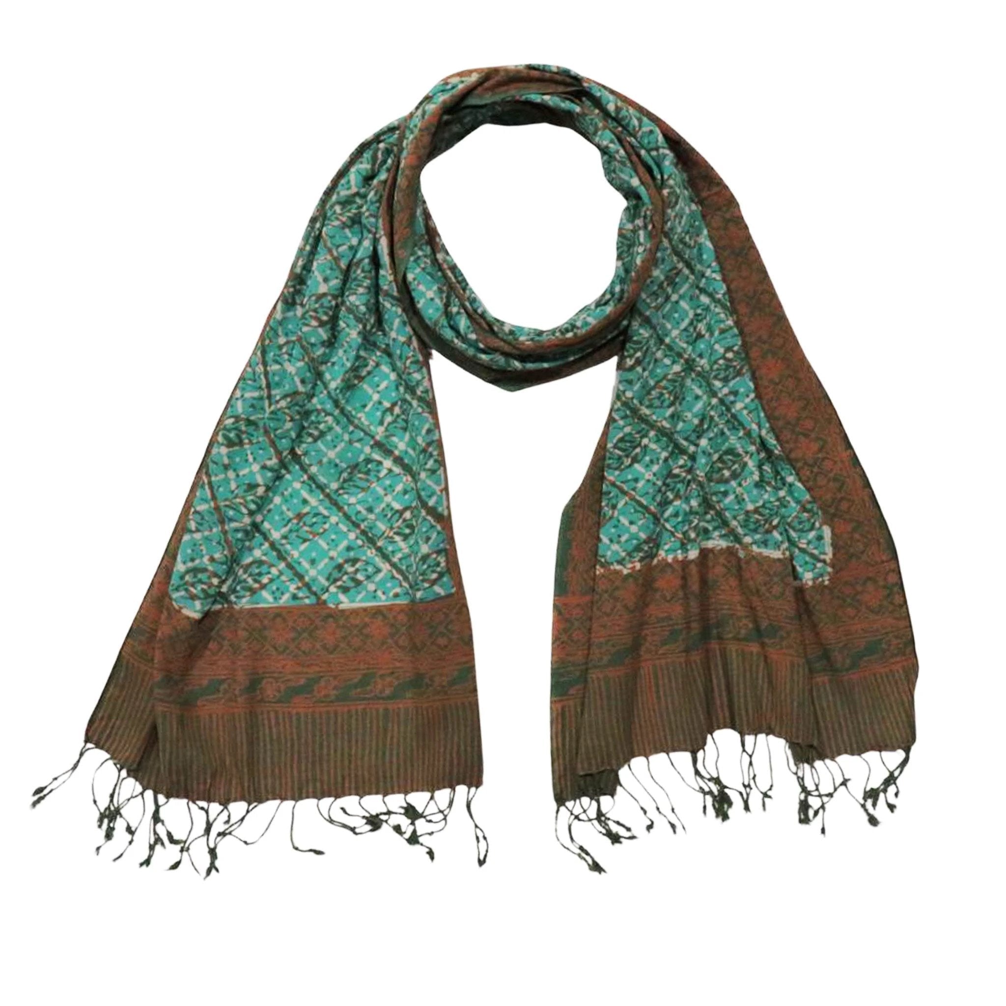 Handmade Batik Scarf, soft Cotton, Leaf Grid, Green, Leaves, Vines, Cream by Kasih Co-op