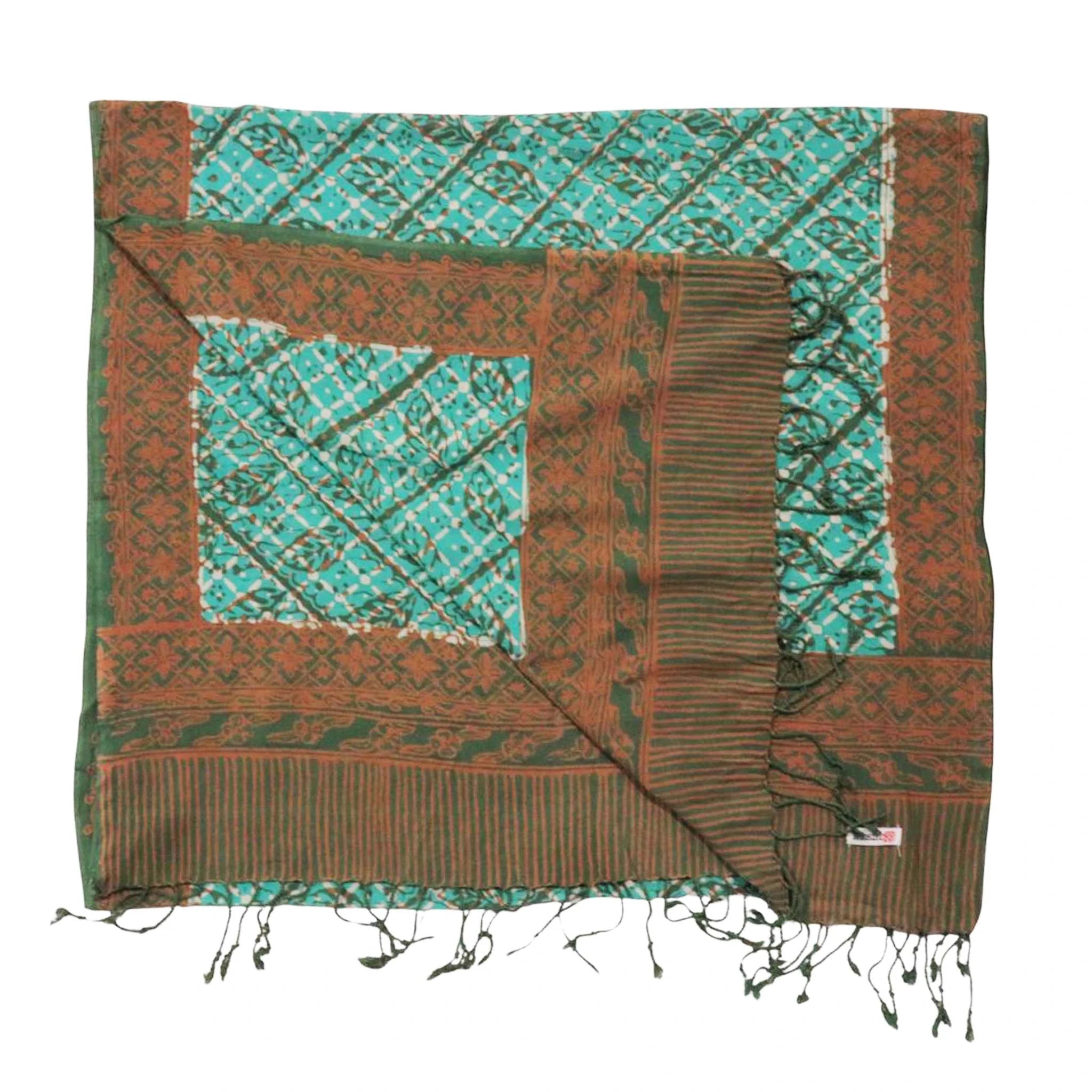 Handmade Batik Scarf, soft Cotton, Leaf Grid, Green, Leaves, Vines, Cream by Kasih Co-op
