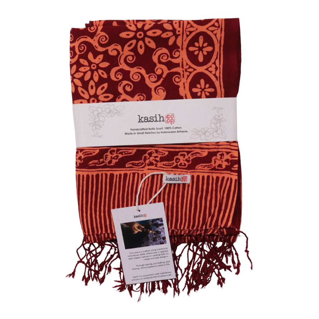 Handmade Batik Scarf, Soft Cotton, Loop, Red, Burgundy Scarves La Vie Bien Handmade Batik Scarf, Soft Cotton, Loop, Red, Burgundy