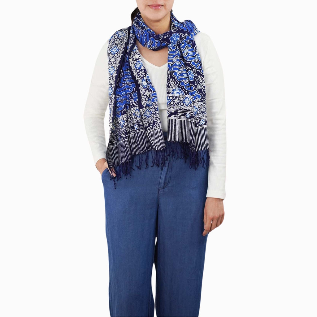 Handmade Batik Scarf, Soft Cotton, Midnight Autumn, Blue Black Navy, White Scarves La Vie Bien Handmade Batik Scarf, Soft Cotton, Midnight Autumn, Blue Black Navy, White