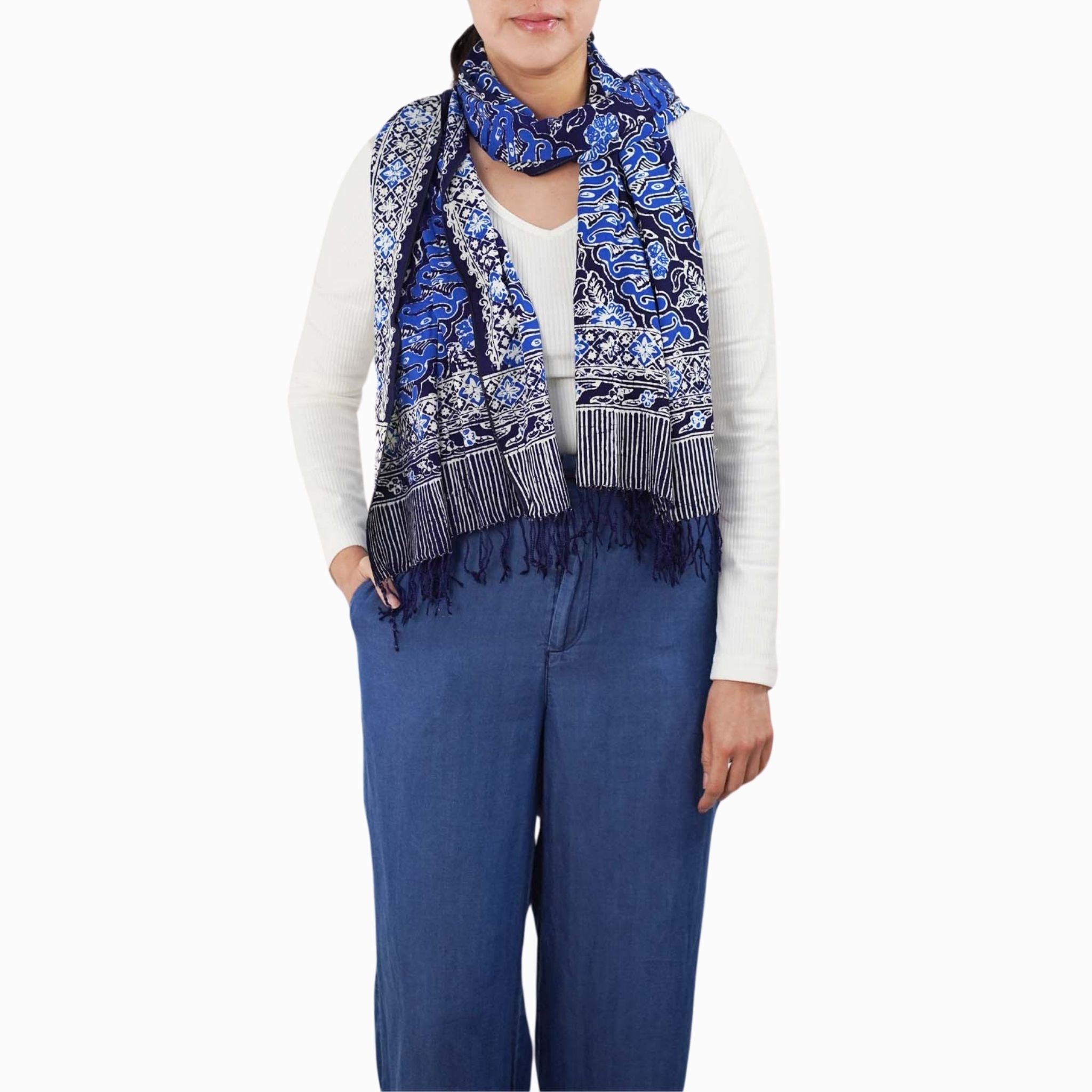 Handmade Batik Scarf, Soft Cotton, Midnight Autumn, Blue Black Navy, White Scarves La Vie Bien Handmade Batik Scarf, Soft Cotton, Midnight Autumn, Blue Black Navy, White
