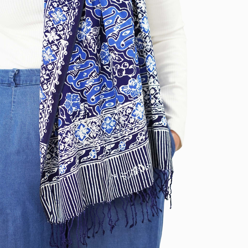 Handmade Batik Scarf, Soft Cotton, Midnight Autumn, Blue Black Navy, White Scarves La Vie Bien Handmade Batik Scarf, Soft Cotton, Midnight Autumn, Blue Black Navy, White