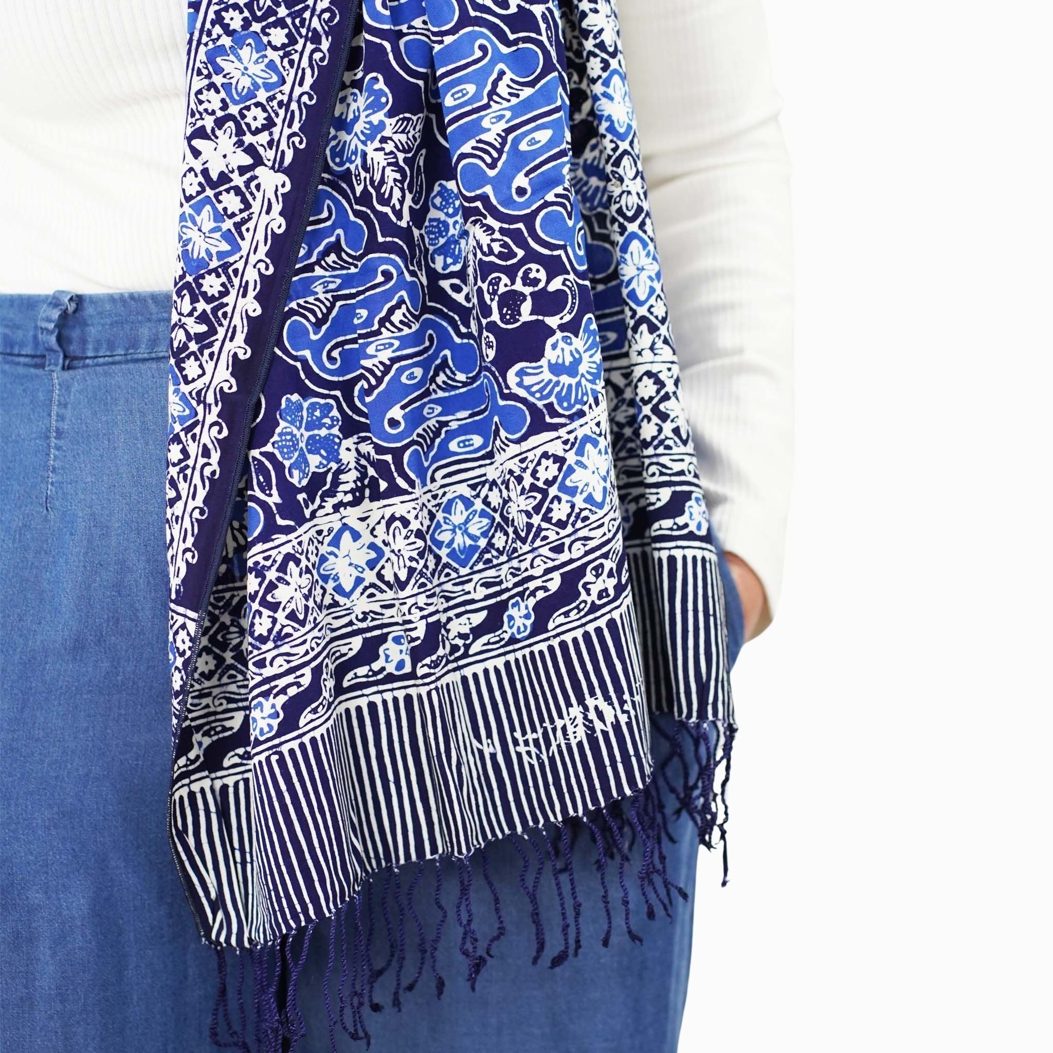 Handmade Batik Scarf, Soft Cotton, Midnight Autumn, Blue Black Navy, White Scarves La Vie Bien Handmade Batik Scarf, Soft Cotton, Midnight Autumn, Blue Black Navy, White
