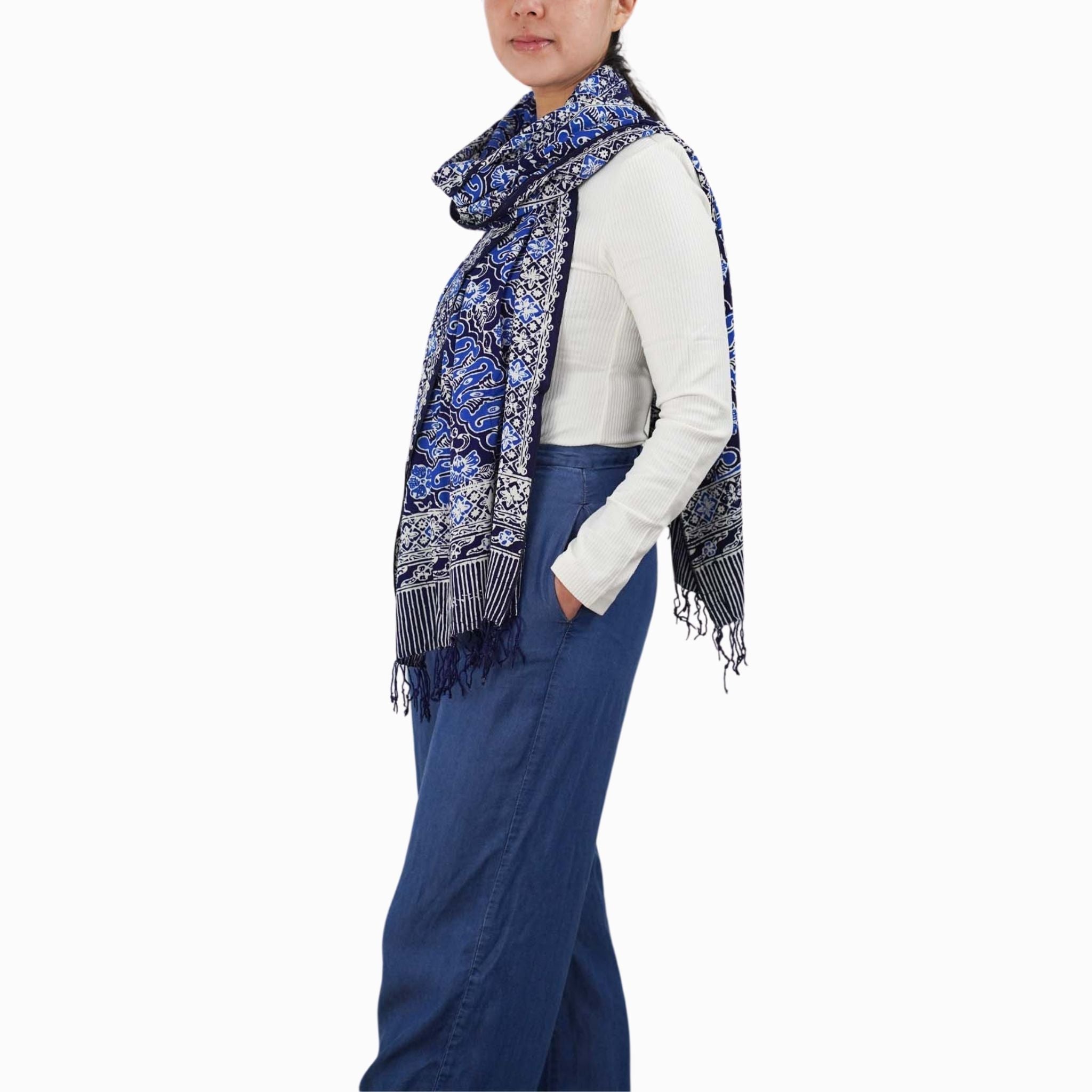 Handmade Batik Scarf, Soft Cotton, Midnight Autumn, Blue Black Navy, White Scarves La Vie Bien Handmade Batik Scarf, Soft Cotton, Midnight Autumn, Blue Black Navy, White