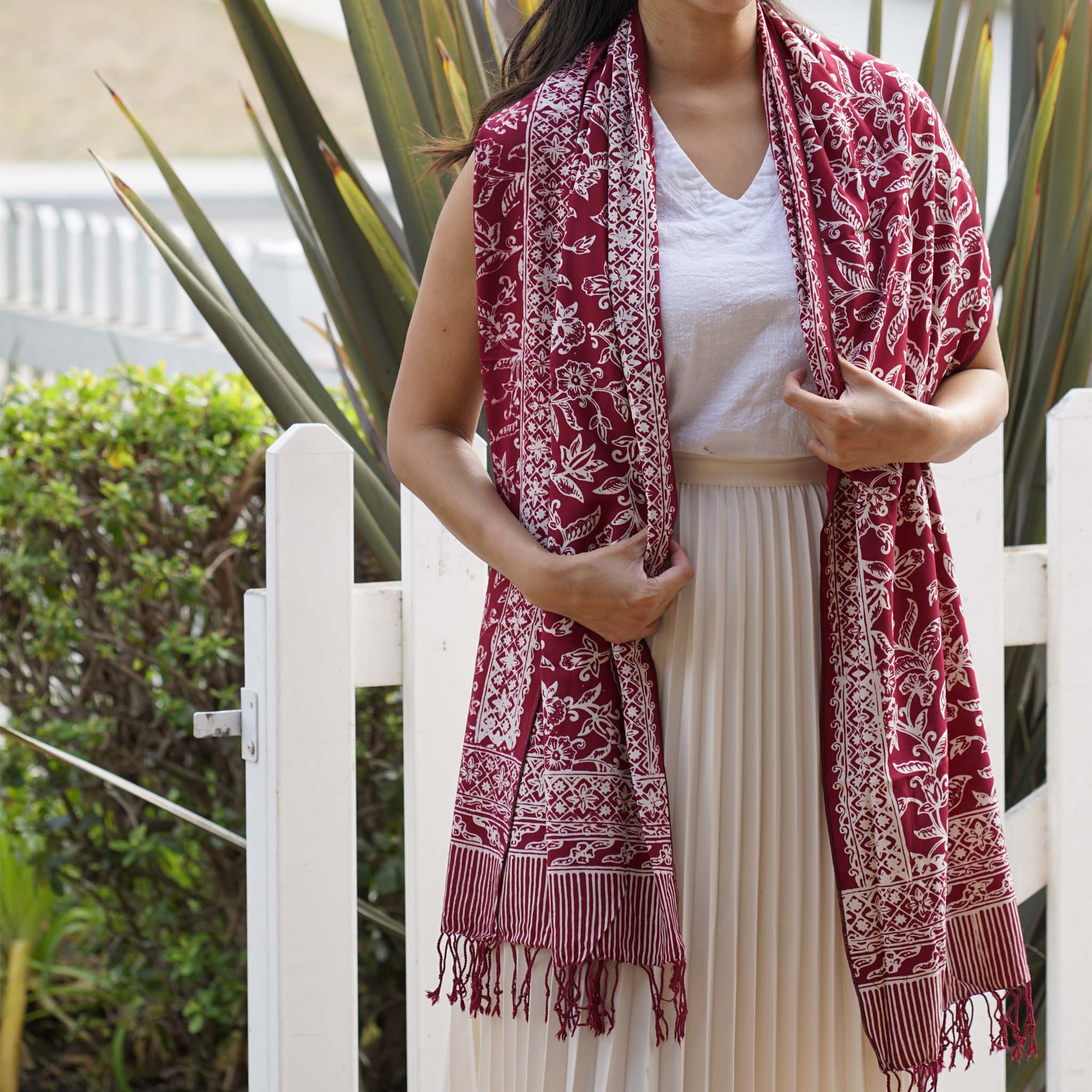 Handmade Batik Scarf, soft Cotton, Red White Cherish, Burgundy Scarves La Vie Bien Handmade Batik Scarf, soft Cotton, Red White Cherish, Burgundy