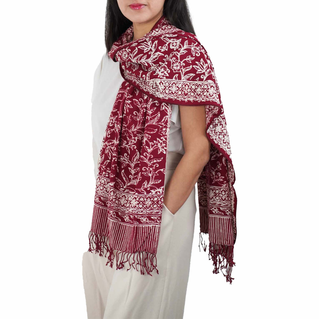 Handmade Batik Scarf, soft Cotton, Red White Cherish, Burgundy Scarves La Vie Bien Handmade Batik Scarf, soft Cotton, Red White Cherish, Burgundy