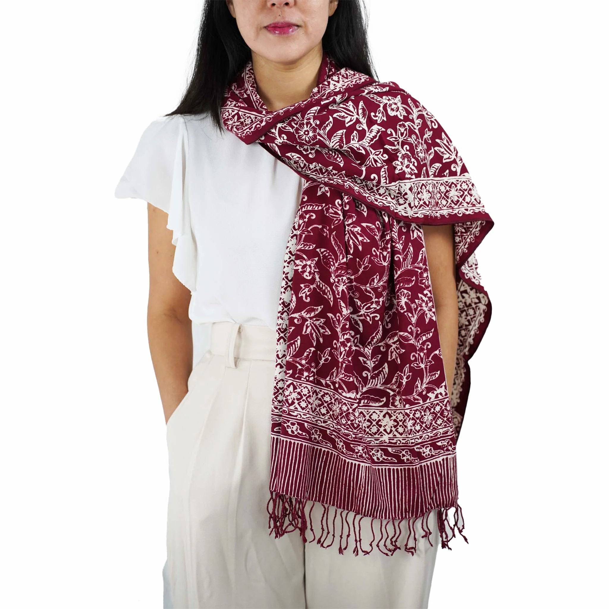 Handmade Batik Scarf, soft Cotton, Red White Cherish, Burgundy by Kasih Co-op