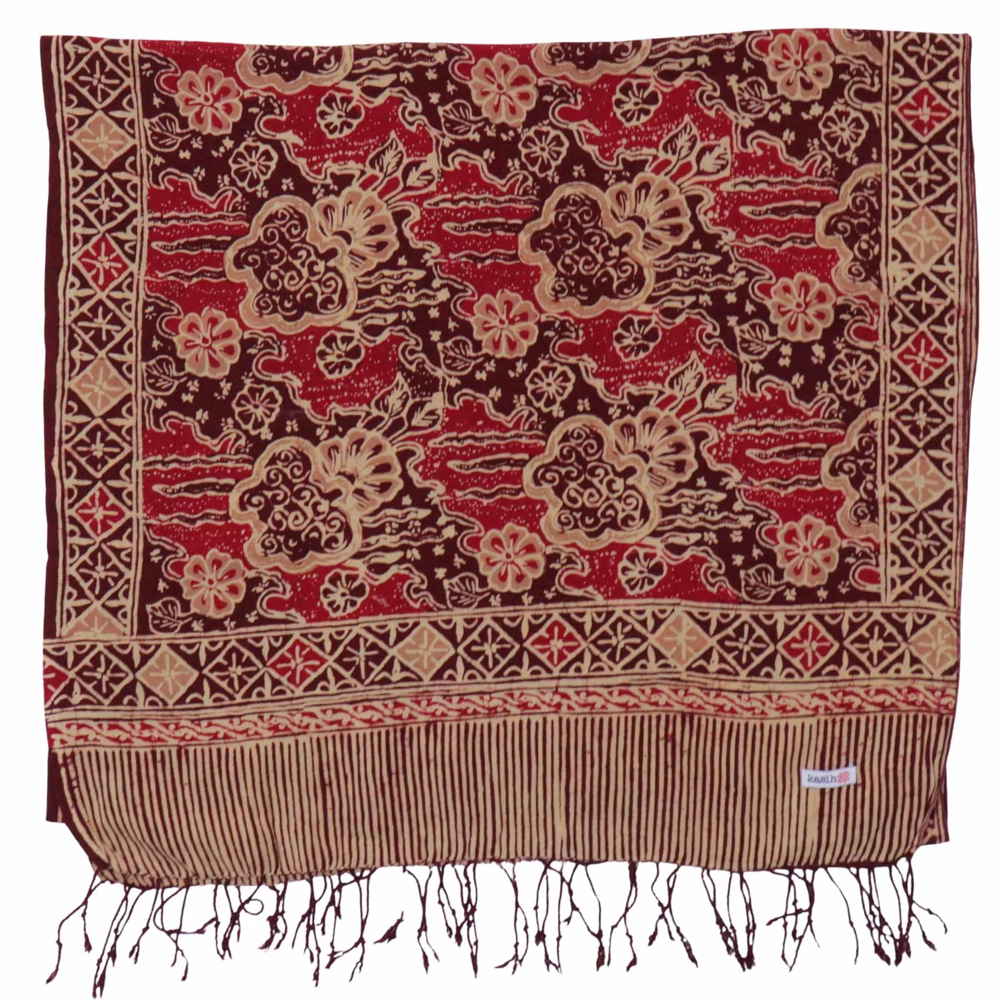 Handmade Batik Scarf, Soft Cotton, Sunlit Garden, Red Burgundy by Kasih Co-op