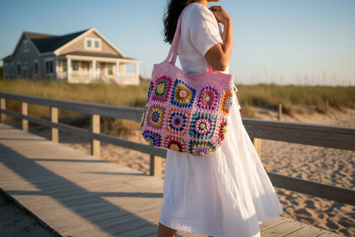 Handmade Crochet Granny Square Tote Bag – Boho Vintage Purse in 4 Colors Purses & Bags La Vie Bien Handmade Crochet Granny Square Tote Bag – Boho Vintage Purse in 4 Colors