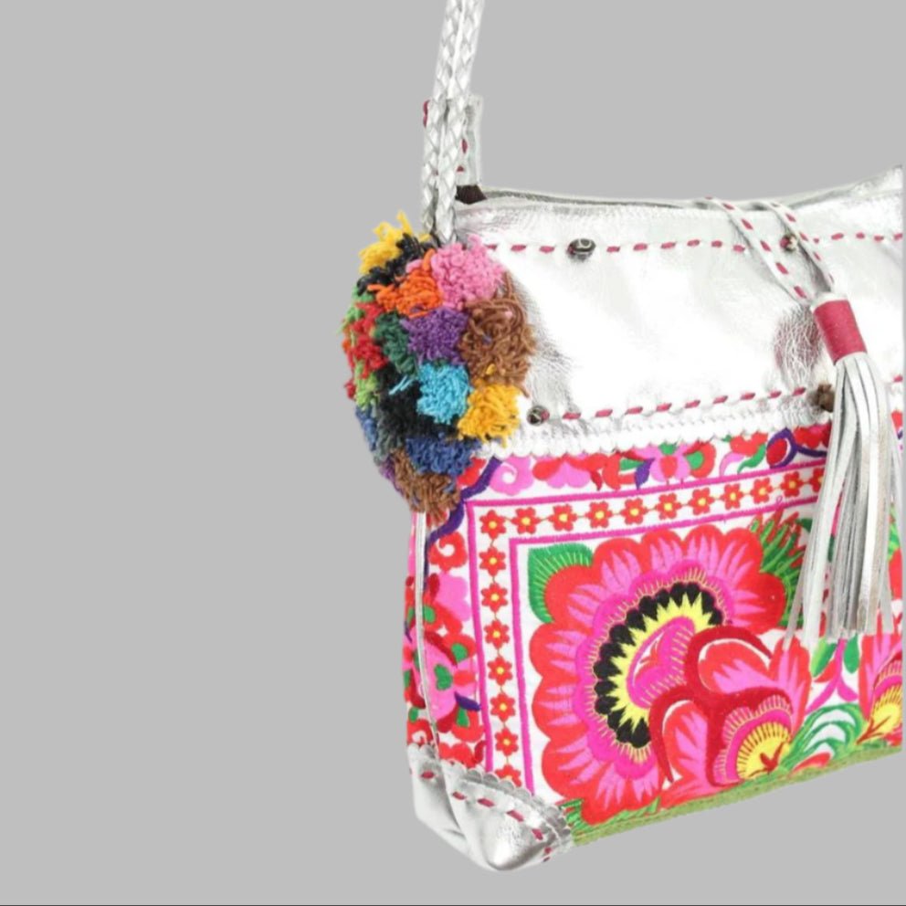 Handmade Gold Leather Crossbody Bag with Hmong Textile, Boho Pom Pom Tassel Purse, Tribal Ethnic Fair Trade Bag from Thailand Bags La Vie Bien Handmade Gold Leather Crossbody Bag with Hmong Textile, Boho Pom Pom Tassel Purse, Tribal Ethnic Fair Trade Bag from Thailand