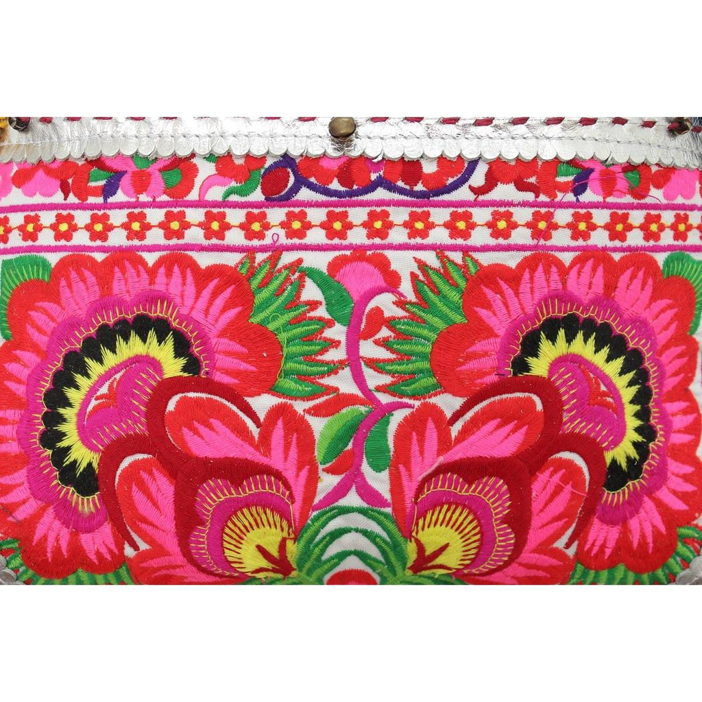 Handmade Gold Leather Crossbody Bag with Hmong Textile, Boho Pom Pom Tassel Purse, Tribal Ethnic Fair Trade Bag from Thailand Bags La Vie Bien Handmade Gold Leather Crossbody Bag with Hmong Textile, Boho Pom Pom Tassel Purse, Tribal Ethnic Fair Trade Bag from Thailand