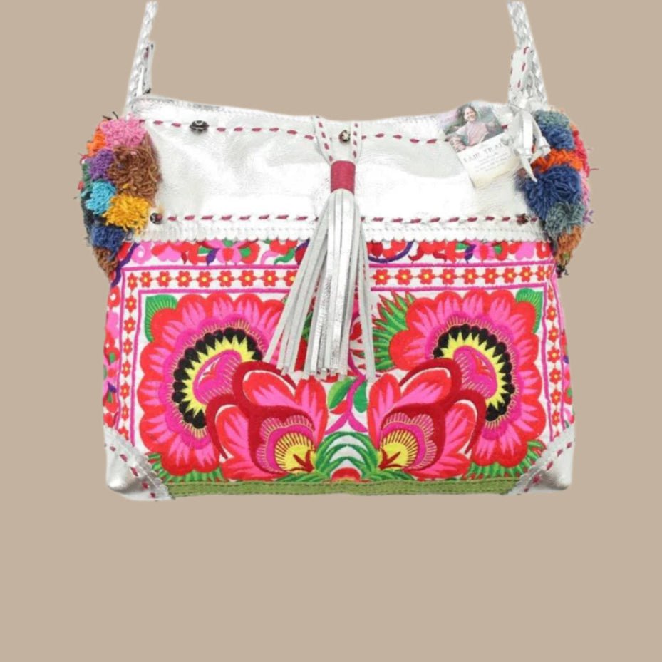 Handmade Gold Leather Crossbody Bag with Hmong Textile, Boho Pom Pom Tassel Purse, Tribal Ethnic Fair Trade Bag from Thailand Bags La Vie Bien Handmade Gold Leather Crossbody Bag with Hmong Textile, Boho Pom Pom Tassel Purse, Tribal Ethnic Fair Trade Bag from Thailand