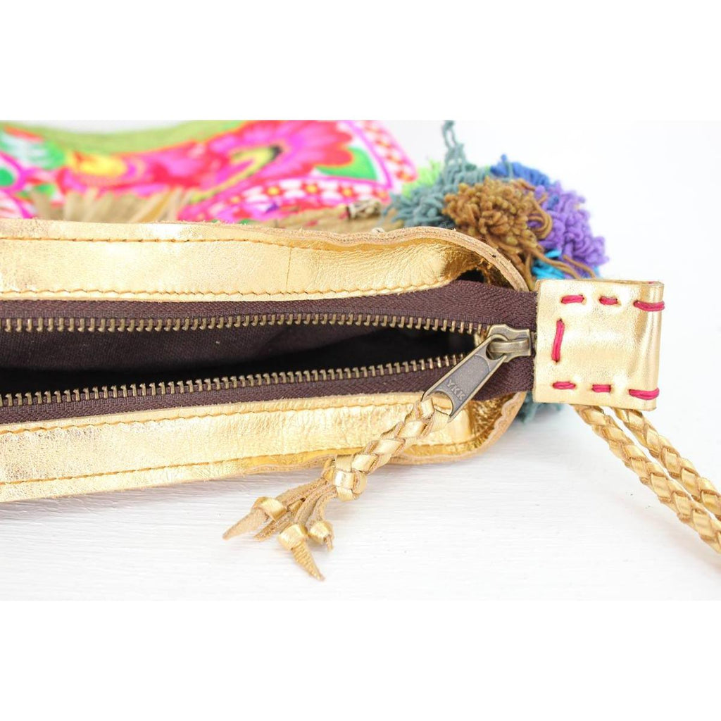 Handmade Gold Leather Crossbody Bag with Hmong Textile, Boho Pom Pom Tassel Purse, Tribal Ethnic Fair Trade Bag from Thailand Bags La Vie Bien Handmade Gold Leather Crossbody Bag with Hmong Textile, Boho Pom Pom Tassel Purse, Tribal Ethnic Fair Trade Bag from Thailand
