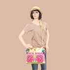 Handmade Gold Leather Crossbody Bag with Hmong Textile, Boho Pom Pom Tassel Purse, Tribal Ethnic Fair Trade Bag from Thailand Bags La Vie Bien Handmade Gold Leather Crossbody Bag with Hmong Textile, Boho Pom Pom Tassel Purse, Tribal Ethnic Fair Trade Bag from Thailand