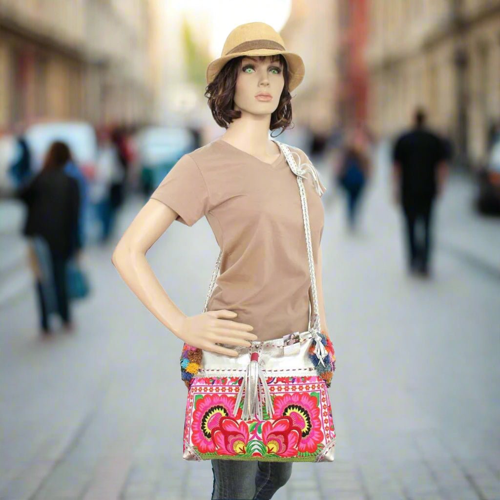 Handmade Gold Leather Crossbody Bag with Hmong Textile, Boho Pom Pom Tassel Purse, Tribal Ethnic Fair Trade Bag from Thailand Bags La Vie Bien Handmade Gold Leather Crossbody Bag with Hmong Textile, Boho Pom Pom Tassel Purse, Tribal Ethnic Fair Trade Bag from Thailand