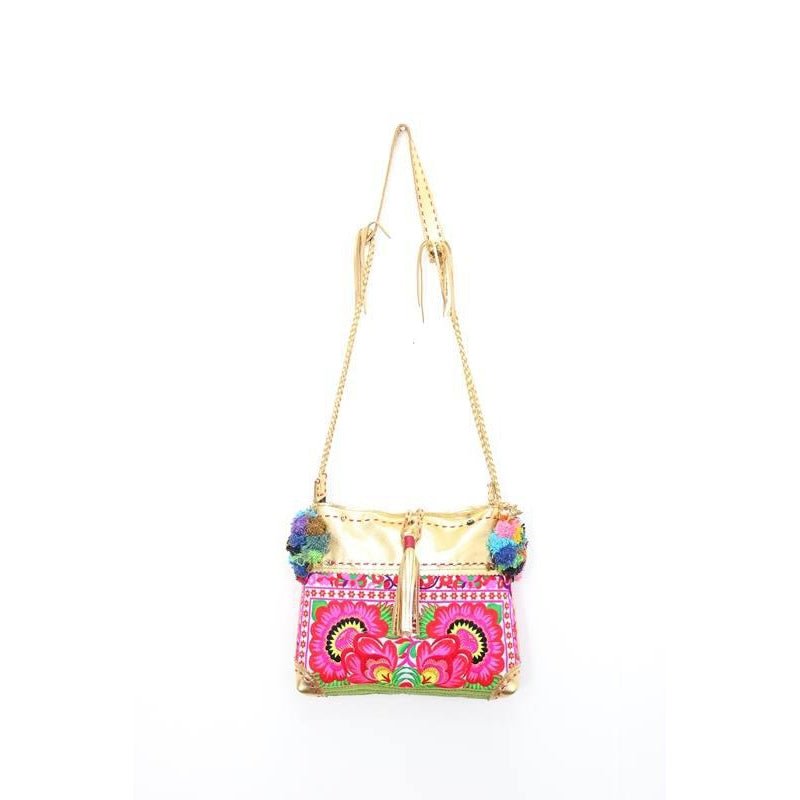 Handmade Gold Leather Crossbody Bag with Hmong Textile, Boho Pom Pom Tassel Purse, Tribal Ethnic Fair Trade Bag from Thailand Bags La Vie Bien Handmade Gold Leather Crossbody Bag with Hmong Textile, Boho Pom Pom Tassel Purse, Tribal Ethnic Fair Trade Bag from Thailand